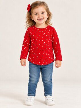 Cat & Jack 🎄Girls’ Long Sleeve Heart Shirt Red & White NWT – Multiple Sizes